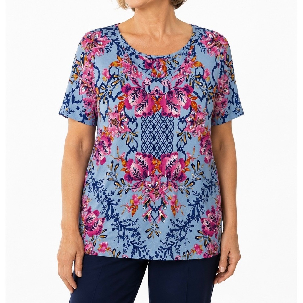 JM Collection Womens XL Blue Pink Floral Medallion Scoop Neck Short Sleeve Tunic
